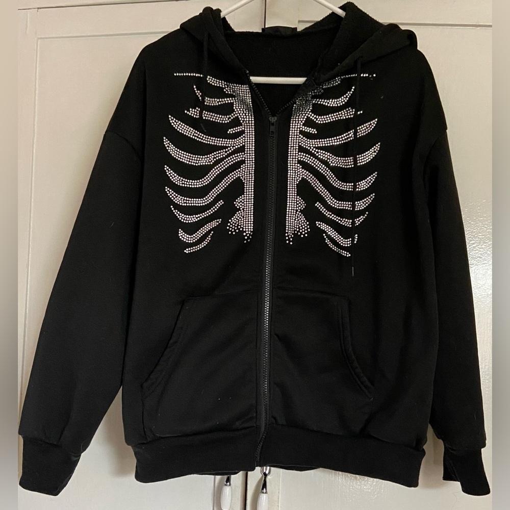 - Rhinestone Skeleton Pattern Zip Up Drawstring T… - image 1
